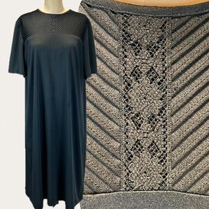 VINTAGE 70s‎ black midi dress short sleeve Pintuck lace polyester